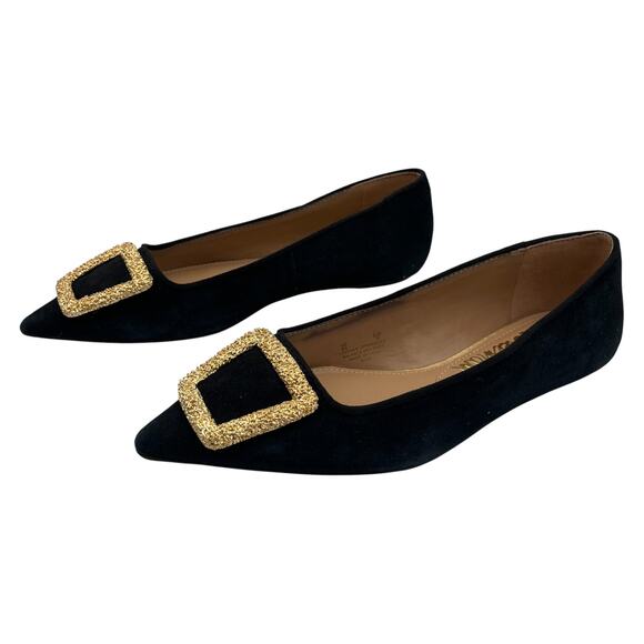 Sam Edelman Nico Gold Tone Buckle Suede Pointed Toe Ballet Flats Shoes Black 6M